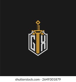 Monograma inicial do GX para imagem em estilo escudo e espada