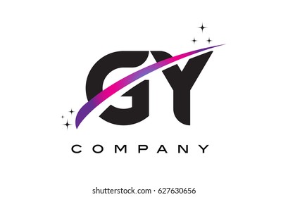 GY G Y Black Letter Logo Design with Purple Magenta Swoosh and Stars.