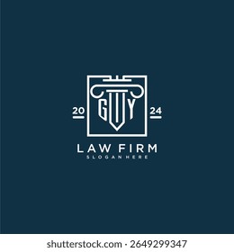 Logotipo do monograma inicial de GY para escritório de advocacia com design de pilares em quadrado criativo