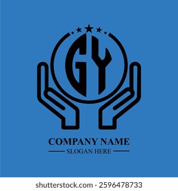 GY initials held within hands, symbolizing trust and protection. The circle represents unity, while stars highlight excellence and ambition.