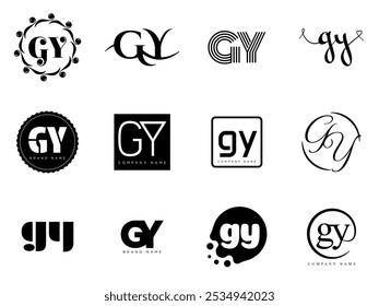GY logo company template. Letter g and y logotype. Set different classic serif lettering and modern bold text with design elements. Initial font typography. Collection trendy business identity.