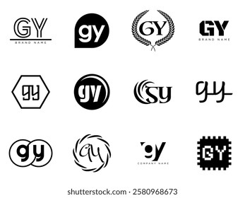 GY logo company template. Letter g and y logotype. Set different classic serif lettering and modern bold text with design elements. Initial font typography. Collection trendy business identity.