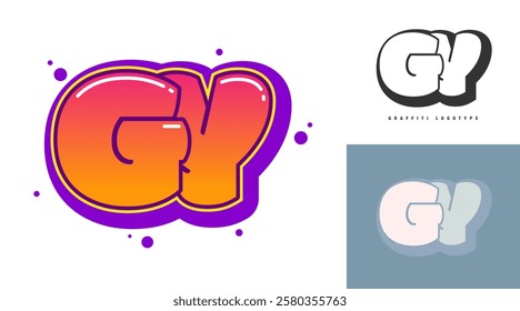 GY logo design for festival or party. Initial letter g and y in graffiti style. Creative modern lettering company name of font typography. Kids trendy logotype or identity. Vector illustration.