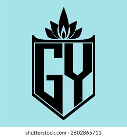 GY Logo featuring a minimalist design with a crown-like flower symbol on top, bold black elements, and a soft blue background, perfect for branding and modern visual identity.