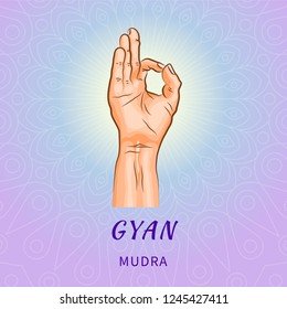 Gyan mudra or chin-mudra - gesture in yoga fingers. Symbol in Buddhism or Hinduism concept. Yoga technique for meditation. Promote physical and mental health. Vector illustration