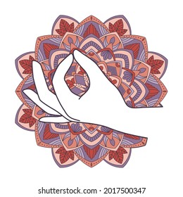 Gyan mudra sobre el trasfondo del mandala. Ilustración del vector