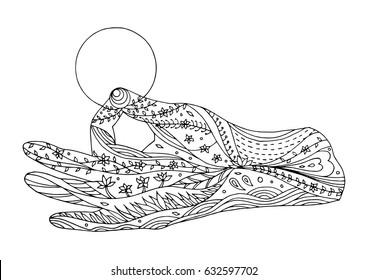 Gyan Mudra (seal of knowledge) with moon symbol, hand pose yoga, vector hand drawn flower floral, abstract aura power of chakra