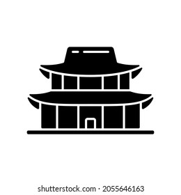 Gyeongbok palace black glyph icon. National ethnic architecture. Tourist landmark for sightseeing. Seoul travel. Korean culture. Silhouette symbol on white space. Vector isolated illustration