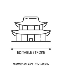 Gyeongbok palace linear icon. National ethnic architecture. Tourist landmark for sightseeing. Thin line customizable illustration. Contour symbol. Vector isolated outline drawing. Editable stroke