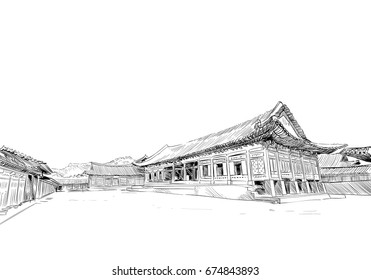 Gyeongbokgung. Gyotaejeon. Seoul. Die Republik Korea. Handgezeichnete Stadtskizze. Vektorgrafik.