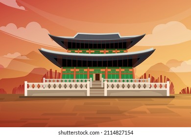 Gyeongbokgung Palast in Seoul, Korea Paläste Landschaft Südkoreanischer Tempel, berühmte asiatische Sehenswürdigkeiten Design Postkarte oder Reiseplakat, Vektorgrafik.