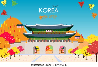 Gyeongbokgung Palace , Travel Korea template vector illustration , with Autumn and  traditional Korean palace. south korea