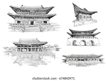 Gyeongbokgung. Seoul. Die Republik Korea. Handgezeichnete Stadtskizze. Vektorgrafik.