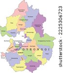 Gyeonggi Province administrative map with cities and counties. Clored. Vectored. Yellow, green, blue, pink, violet, orange
