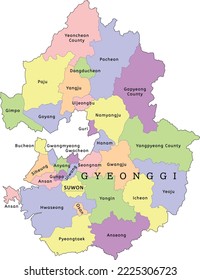 Stadtplan der Provinz Gyeonggi mit Städten und Bezirken. Bekleidet. Vektorgrafik. Gelb, grün, blau, rosa, violett, orange