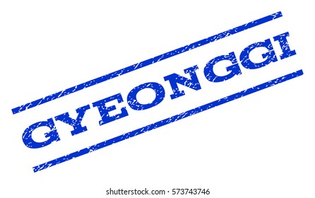 Gyeonggi watermark stamp. Text caption between parallel lines with grunge design style. Rotated rubber seal stamp with dust texture. Vector blue ink imprint on a white background.