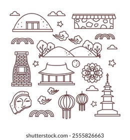 Gyeongju outline icon elements.  
Bulguksa, royal tomb, silla palace, cheomseongdae, seokgatap pagoda, smile of silla.