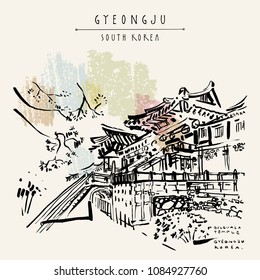 Gyeongju, South Korea, Asia. Bulguksa Temple (UNESCO World Heritage). Hand drawing. Travel sketch. Vintage touristic postcard, poster or book illustration in vector