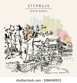 Gyeongju, South Korea, Asia. Donggung palace and Wolji pond (Anapji pond). Hand drawing. Travel sketch. Vintage touristic postcard, poster or book illustration in vector