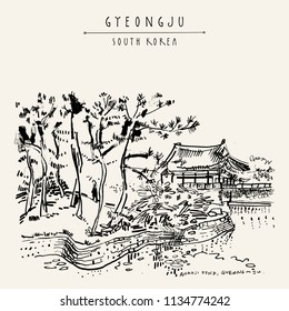 Gyeongju, South Korea, Asia. Donggung palace and Wolji pond (Anapji pond). Hand drawing. Travel sketch. Vintage touristic postcard, poster or book illustration in vector