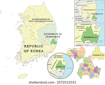 Gyeongju-si (Gyeongju) location on Gyeongsangbuk-do (North Gyeongsang Province) and Republic of Korea (South Korea) map. Colored. Vectored