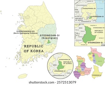 Gyeongsan-si (Gyeongsan) location on Gyeongsangbuk-do (North Gyeongsang Province) and Republic of Korea (South Korea) map. Colored. Vectored