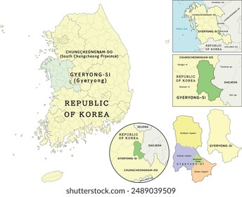 Gyeryong-si (Gyeryong) location on Chungcheongnam-do (South Chungcheong Province) and Republic of Korea (South Korea) map. Colored. Vectored