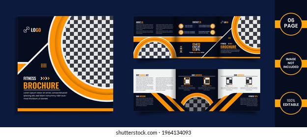 Gym 6 Page Square Trifold Brochure Design Template With Yellow Color Abstract Shapes And Data.