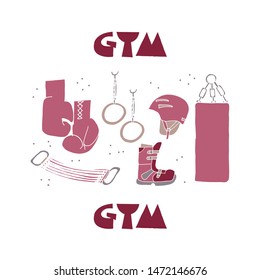 Gym accessories hand drawn concept banner. Sportswear and equipment. Athletics, training exercises flat color vector illustration. Workout poster, banner design