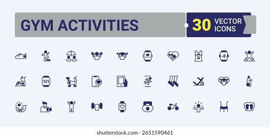 Gym Activities simple icon set. Includes symbols for workout, gym, exercise, activity, fit, sport and more. Fitness and Gym line icon. Web icons pack. Vector artwork and illustration.