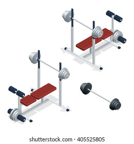 Gym adjustable weight bench with barbell isolated on white background. Flat 3d isometric vector illustration.