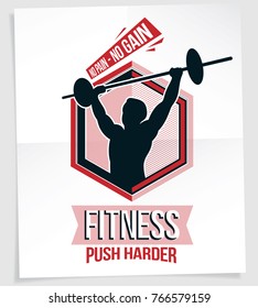 Gym advertising leaflet created with vector illustration of muscular bodybuilder holding barbell sport equipment. No pain, no gain quote.