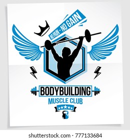 Gym advertising leaflet created with vector illustration of muscular bodybuilder holding barbell sport equipment. No pain, no gain quote.