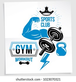 Gym advertising poster. Vector composition created using athletic sportsman biceps arm with disc weight dumbbell and kettle bell sport equipment.