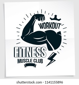 Gym advertising poster. Vector composition created using athletic sportsman biceps arm with lightning strike symbol.
