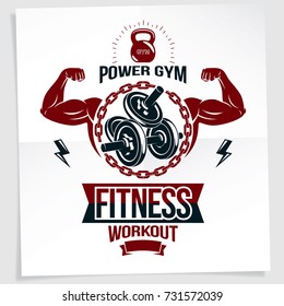 Gym advertising poster. Vector composition created using athletic sportsman biceps arm with disc weight dumbbell and kettle bell sport equipment.