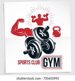 Gym advertising poster. Vector composition created using athletic sportsman biceps arm with disc weight dumbbell and kettle bell sport equipment.