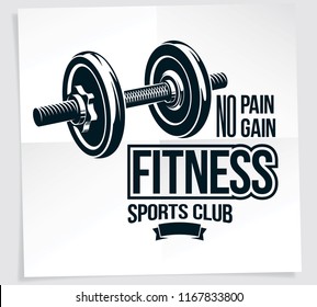 Gym advertising vector leaflet composed using disc weight dumb-bell sport equipment. No pain no gain writing.