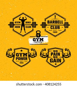 Gym Athletic Strong Vector Signs Set. Sport And Fitness Training Creative Raw Illustration. Workout Motivation Badges On Rusty Background.