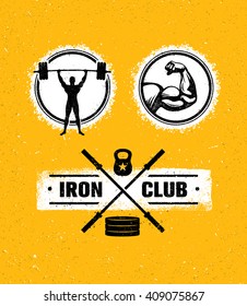 Gym Athletic Strong Vector Signs Set. Sport And Fitness Training Creative Raw Icon Illustration. Workout Motivation Badges On Rusty Background.