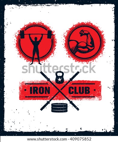 Gym Athletic Strong Vector Signs Set. Sport And Fitness Training Creative Raw Icon Illustration. Workout Motivation Badges On Rusty Background.