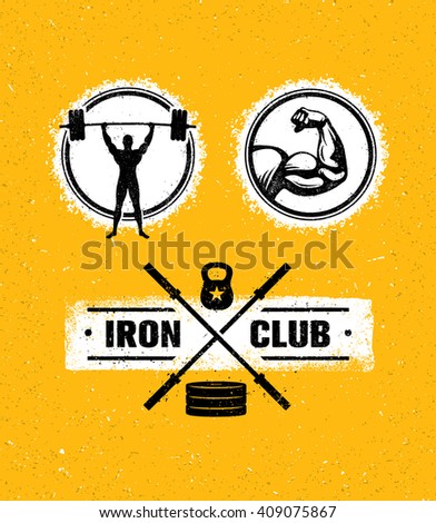 Gym Athletic Strong Vector Signs Set. Sport And Fitness Training Creative Raw Icon Illustration. Workout Motivation Badges On Rusty Background.