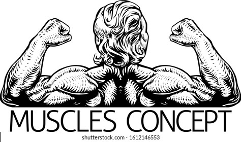 A gym back muscles muscular bodybuilder with strong arms concept in retro woodcut style