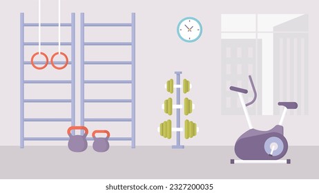 Gym background, fitness equipment modern. Exercise bike, dumbbells, weights. Sports vector concept. 