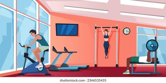 fondo de gimnasio. deportistas haciendo ejercicios físicos en el gimnasio, dibujos animados de personas sanas entrenando en el gimnasio de entrenamiento deportivo. fondo de gimnasio de dibujos animados vectores.