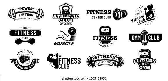 Gym badges. Bodybuilding stencil label, fitness monochrome silhouette badge and athlete muscles. Bodybuilding iron stamp, hipster athletic logotype. Isolated vector illustration symbols set