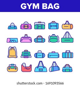 Gym Bag Accessory Collection Icons Set Vector Gym Bag For Sportive Suit And Shoes, Handbag For Fitness Sport Activity Clothes. Concept Linear Pictograms. Color Contour Illustrations