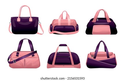 Gym bag color set light and dark pink with different sizes and capacities vector illustration