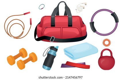 Gym bag fitness icon set with red bag with rope kettlebell sports water bottle hair band headphones dumbbells shower towel vector illustration