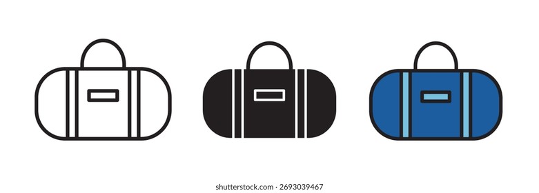 Conjunto de iconos de bolso de gimnasio en Ilustración vectorial plana, creado en estilo de contorno, relleno y color. Ideal para conceptos de diseño de equipos de fitness, deportes, viajes y entrenamiento.